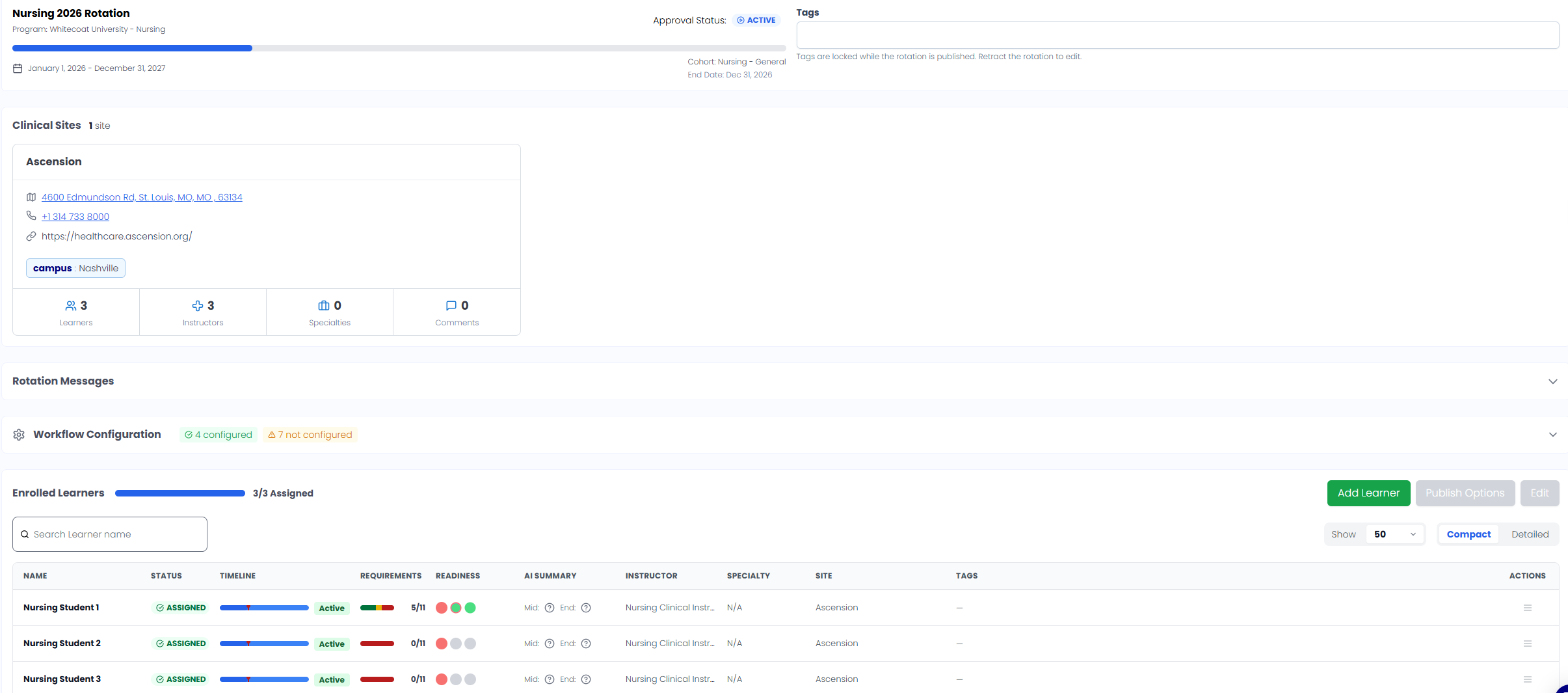 Whitecoat rotation detail view showing clinical site information, workflow configuration and enrolled learners with requirements, readiness and instructor assignments