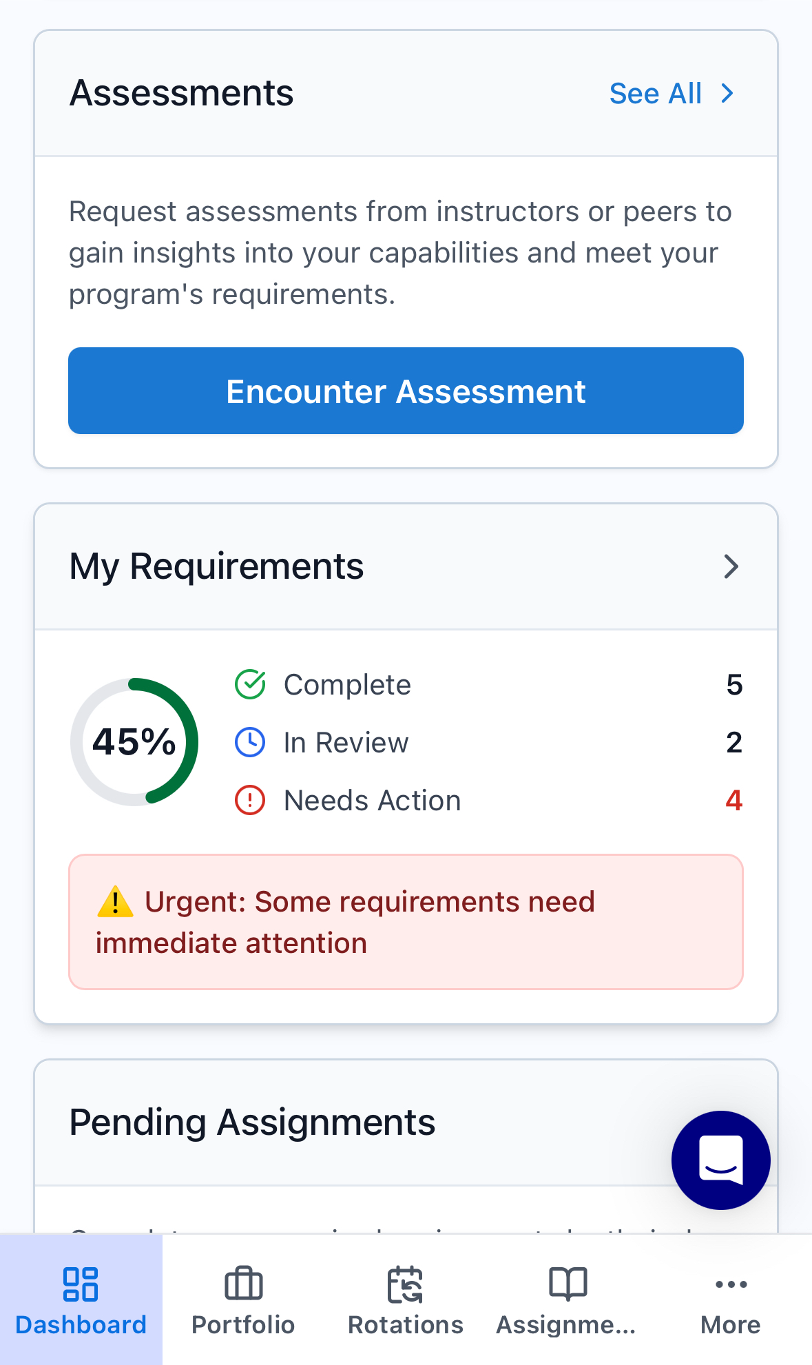 Whitecoat student mobile dashboard showing assessments, requirements progress and pending assignments